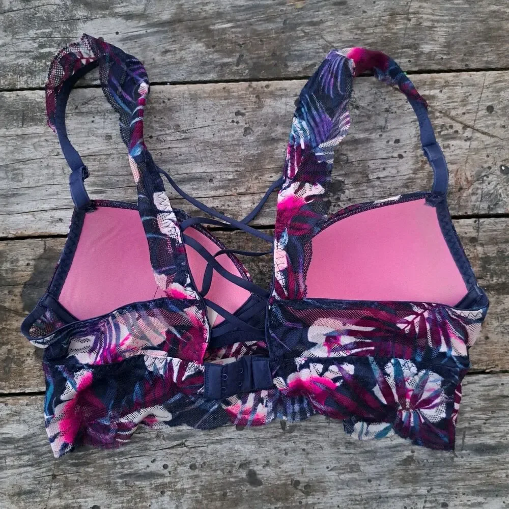 PINK Victoria’s Secret XS Push Up Bra Blue Pink Lace Long Line Floral Bralette
